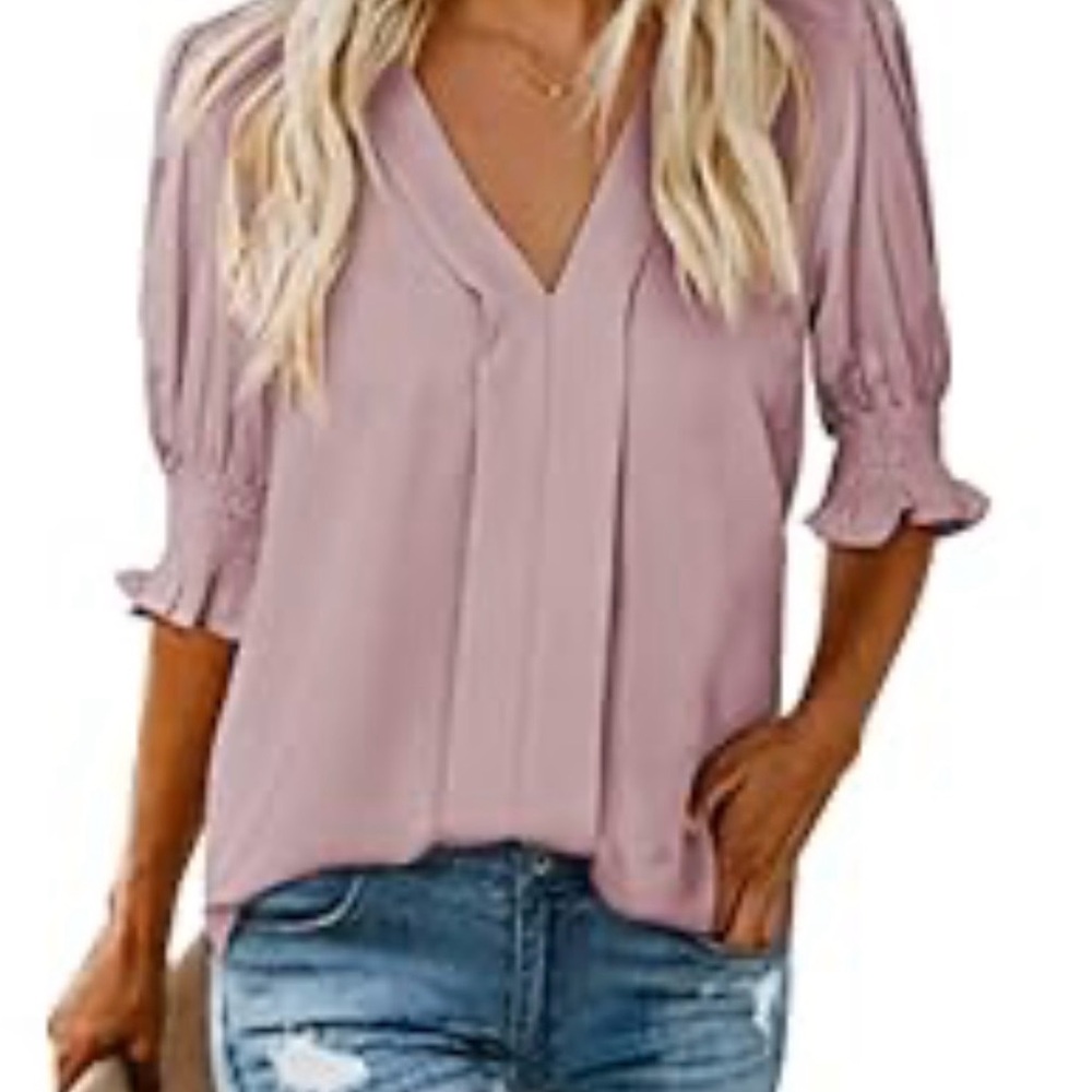 Women's Pink V-Neck Smocked Sleeve Blouse